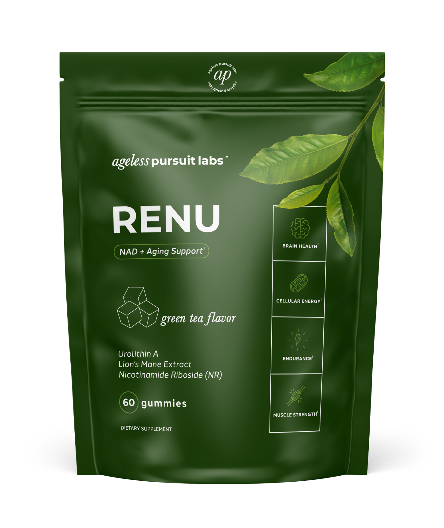 Renu NAD+ Gummies: Green tea-flavored gummies that support Skin Health, Energy, Focus, Mental Clarity, Muscle Strength, and Endurance. 60 count (30-day supply). For adults only