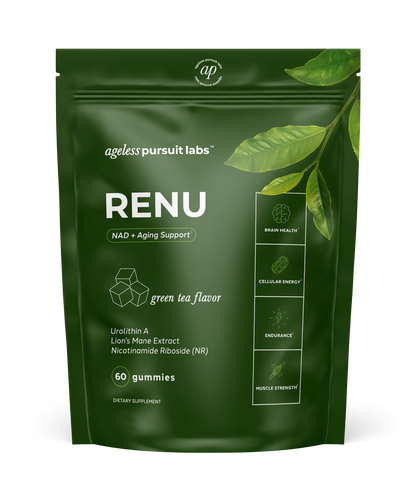 Renu NAD+ Gummies: Green tea-flavored gummies that support Skin Health, Energy, Focus, Mental Clarity, Muscle Strength, and Endurance. 60 count (30-day supply). For adults only